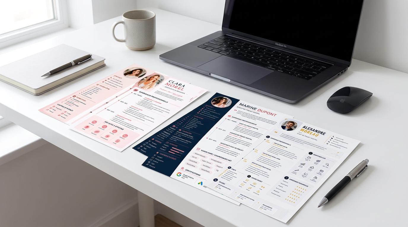 CV imprimés posés sur un bureau à côté d'un ordinateur portable